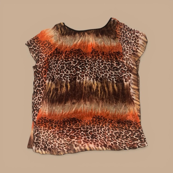 Women's Animal Print Blouse in Brown and Orange Light Weight Sheer Blouse Top - Picture 3 of 6